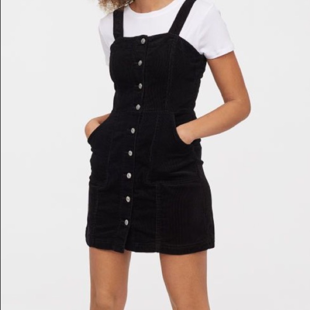 Black Corduroy Button Down Overalls Dress